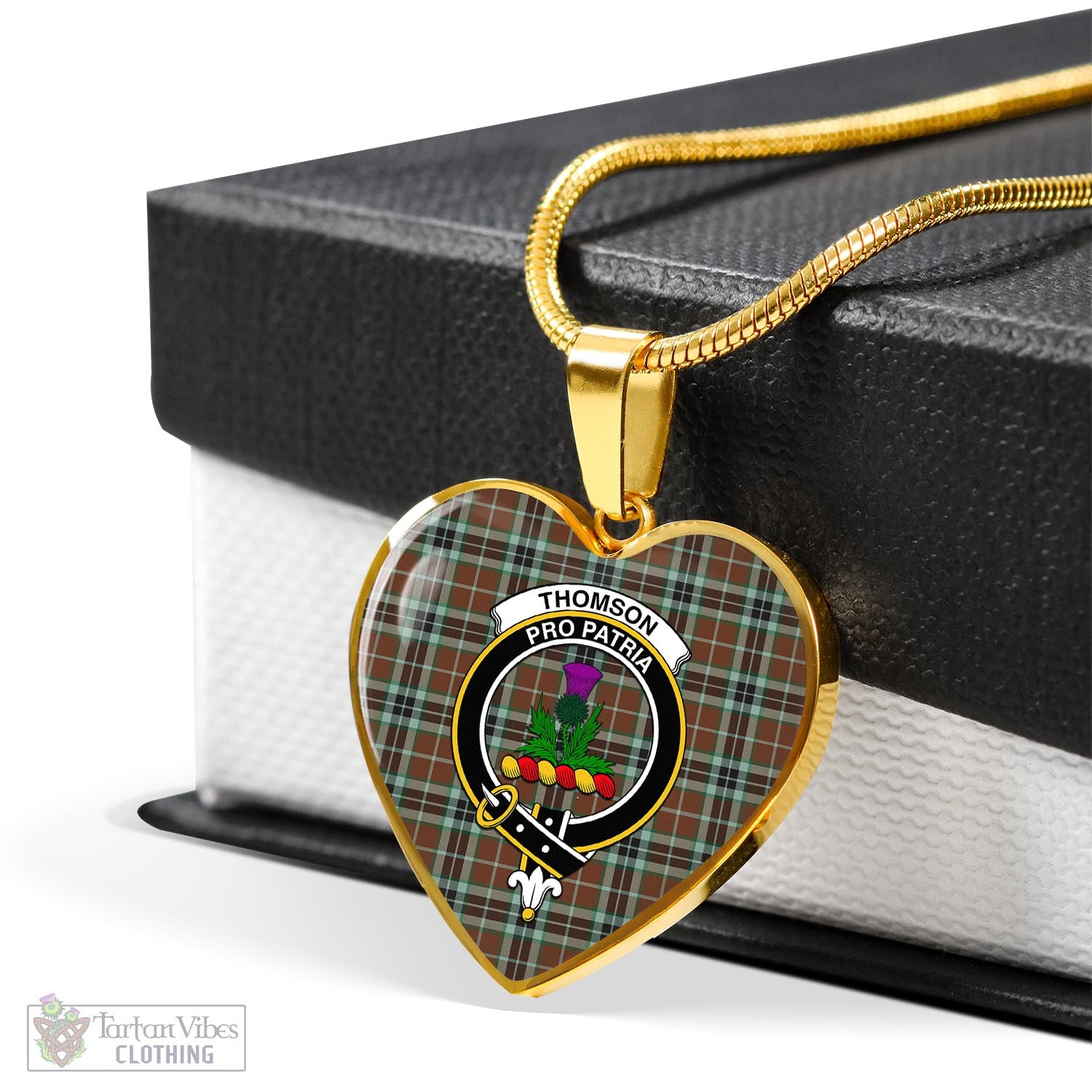 Tartan Vibes Clothing Thomson Hunting Modern Tartan Heart Necklace with Family Crest