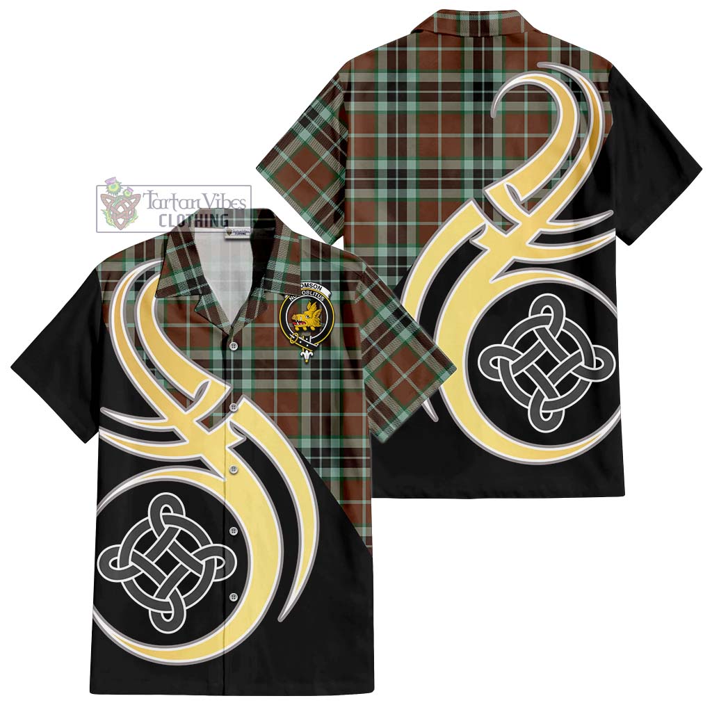 Thomson Hunting Modern Tartan Short Sleeve Button Shirt with Family Crest and Celtic Symbol Style - Tartan Vibes Clothing