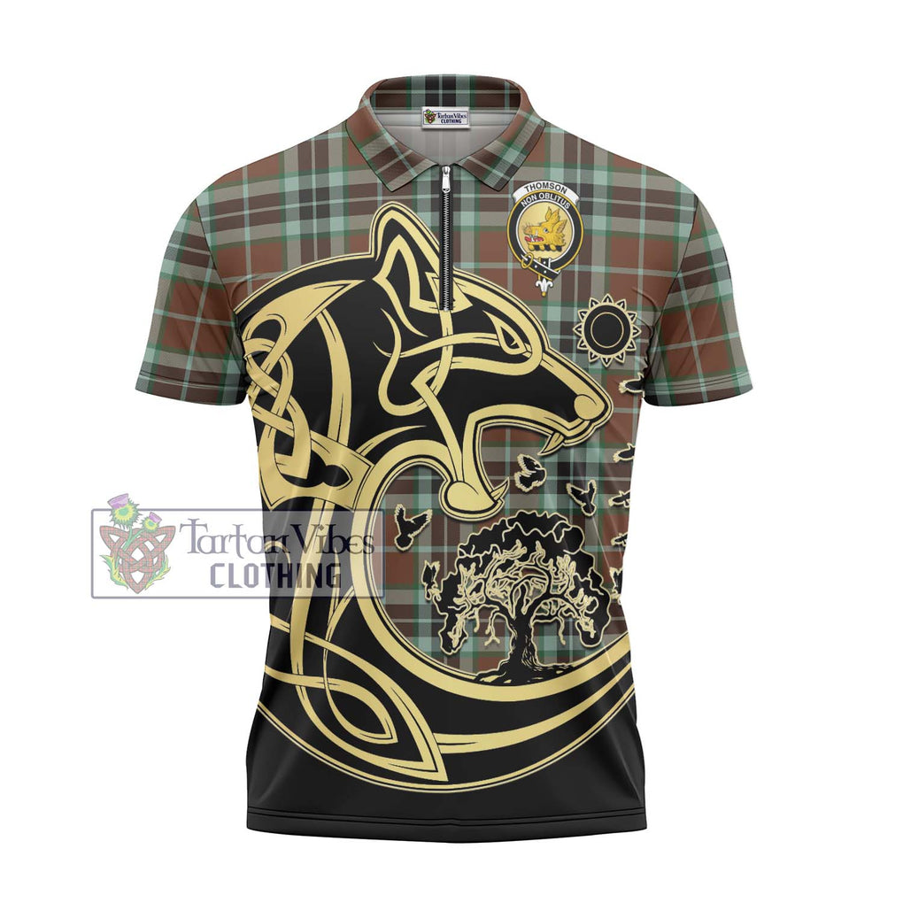 Thomson Hunting Modern Tartan Zipper Polo Shirt with Family Crest Celtic Wolf Style - Tartanvibesclothing Shop