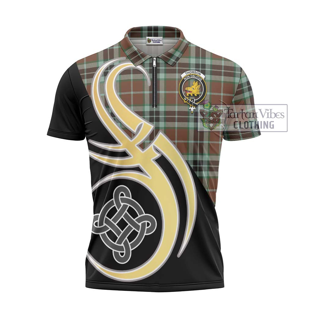 Tartan Vibes Clothing Thomson Hunting Modern Tartan Zipper Polo Shirt with Family Crest and Celtic Symbol Style