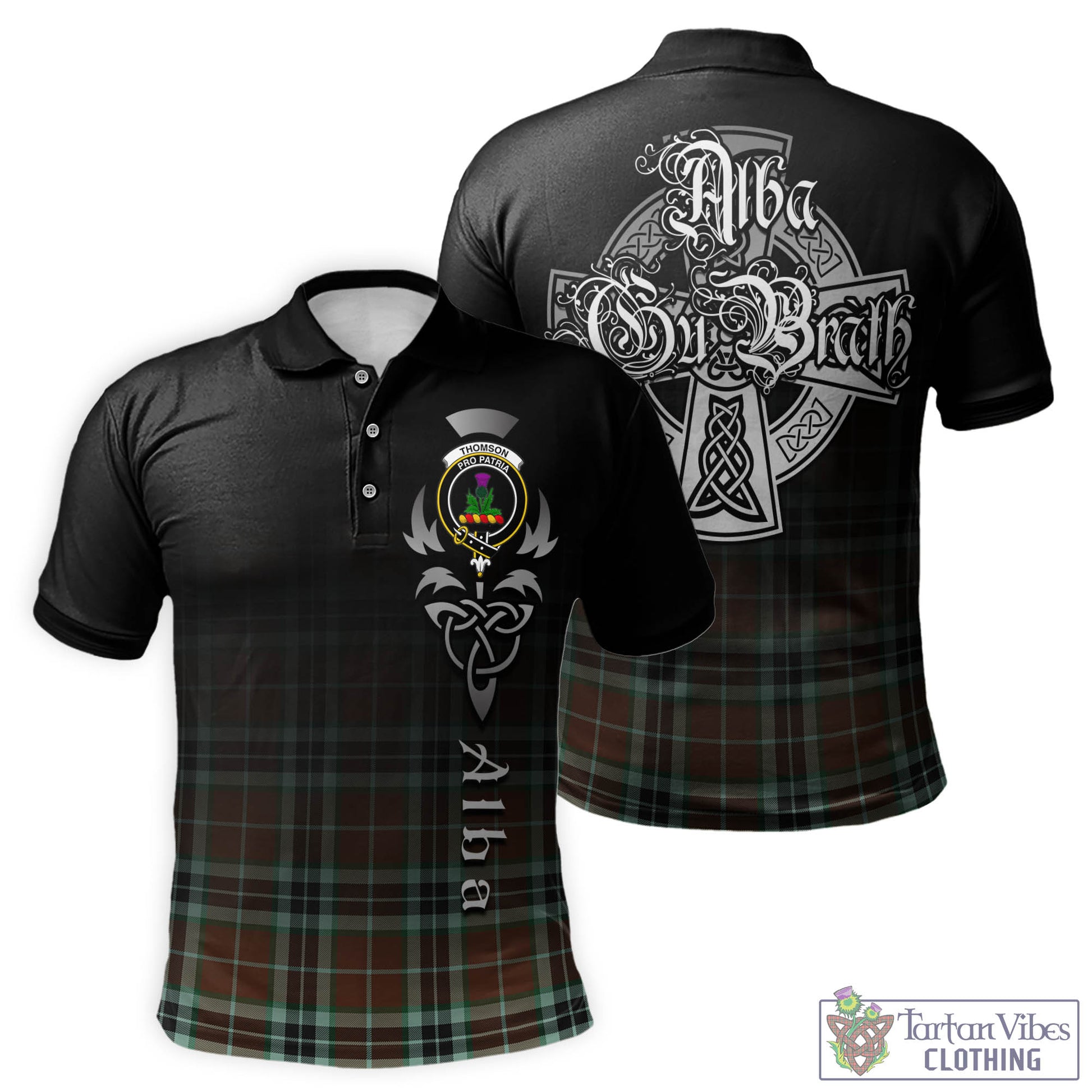 Tartan Vibes Clothing Thomson Hunting Modern Tartan Polo Shirt Featuring Alba Gu Brath Family Crest Celtic Inspired