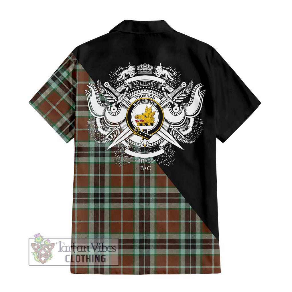 Thomson Hunting Modern Tartan Short Sleeve Button Shirt with Family Crest and Military Logo Style - Tartanvibesclothing Shop