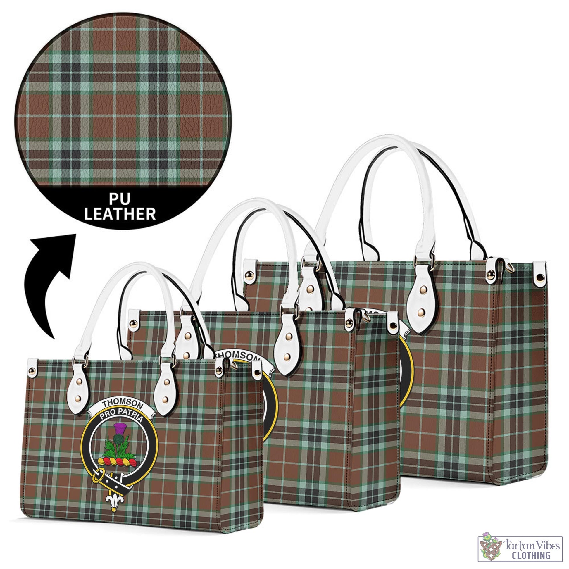 Tartan Vibes Clothing Thomson Hunting Modern Tartan Luxury Leather Handbags with Family Crest