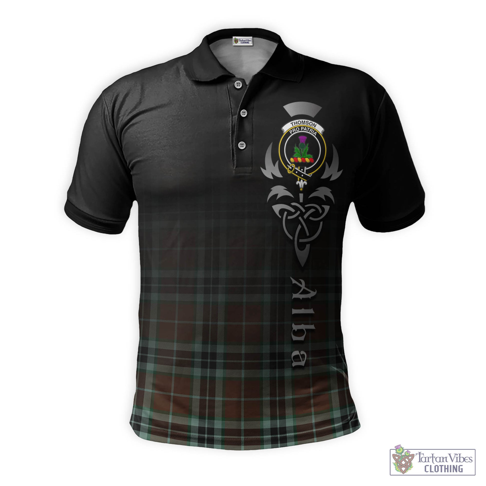 Tartan Vibes Clothing Thomson Hunting Modern Tartan Polo Shirt Featuring Alba Gu Brath Family Crest Celtic Inspired