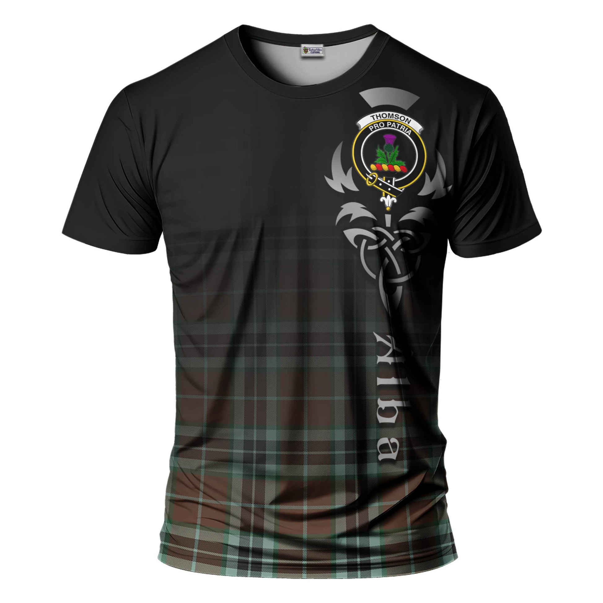 Tartan Vibes Clothing Thomson Hunting Modern Tartan T-Shirt Featuring Alba Gu Brath Family Crest Celtic Inspired