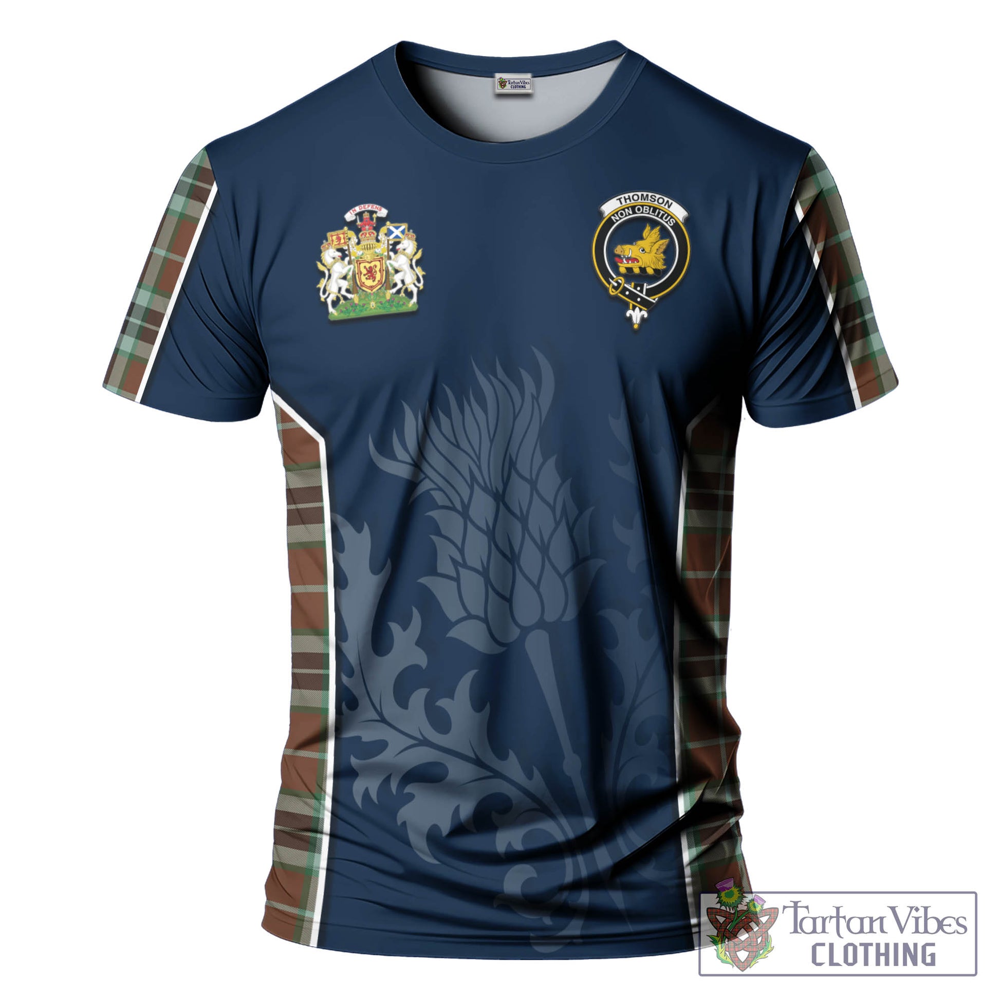 Tartan Vibes Clothing Thomson Hunting Modern Tartan T-Shirt with Family Crest and Scottish Thistle Vibes Sport Style