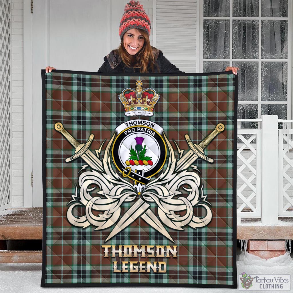 Tartan Vibes Clothing Thomson Hunting Modern Tartan Quilt with Clan Crest and the Golden Sword of Courageous Legacy