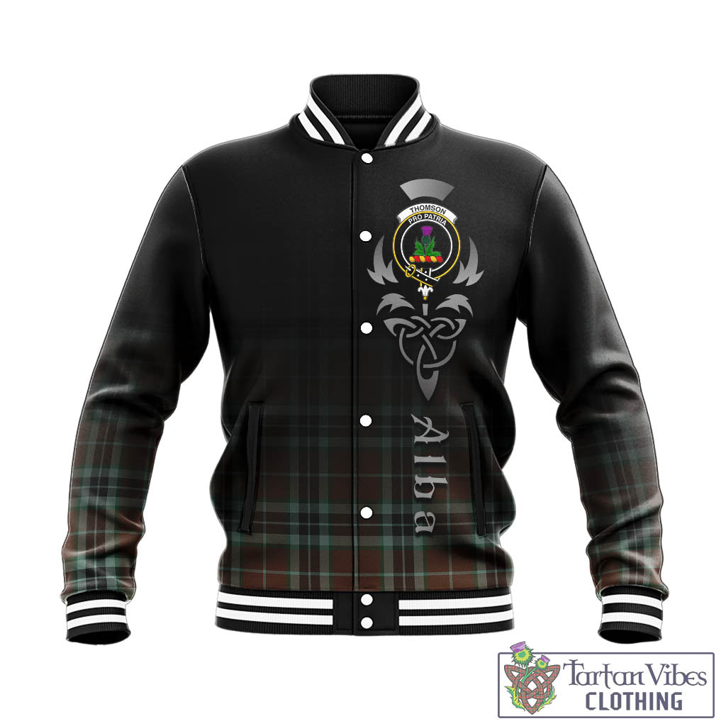 Tartan Vibes Clothing Thomson Hunting Modern Tartan Baseball Jacket Featuring Alba Gu Brath Family Crest Celtic Inspired