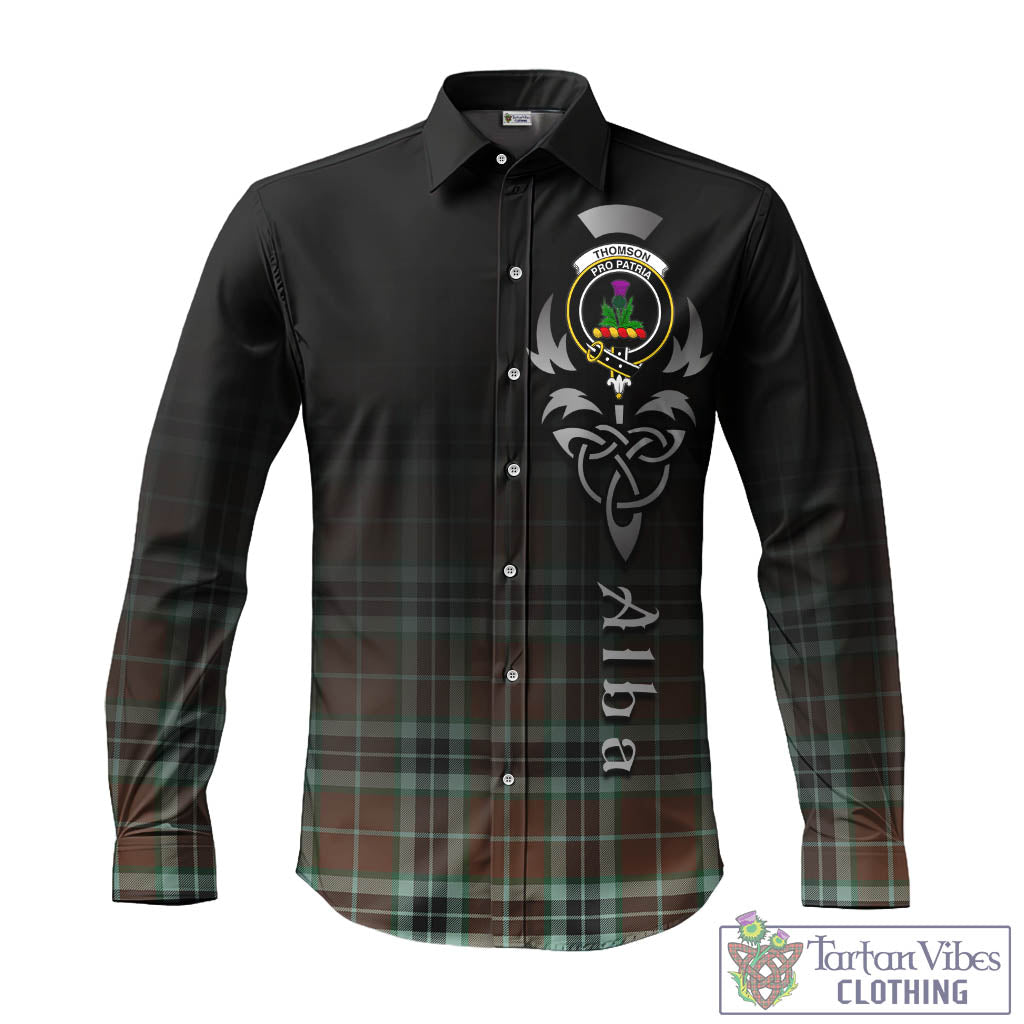 Tartan Vibes Clothing Thomson Hunting Modern Tartan Long Sleeve Button Up Featuring Alba Gu Brath Family Crest Celtic Inspired