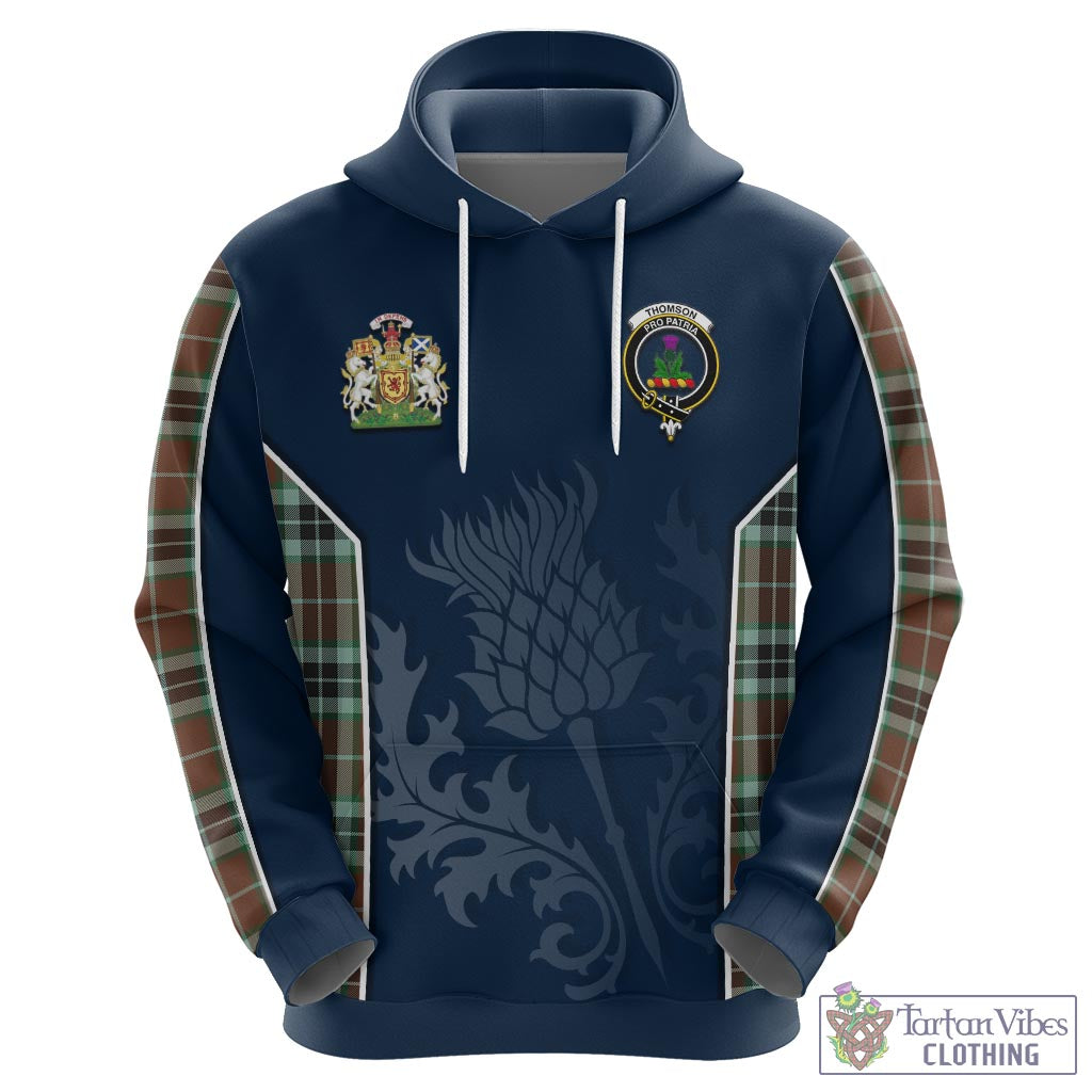 Tartan Vibes Clothing Thomson Hunting Modern Tartan Hoodie with Family Crest and Scottish Thistle Vibes Sport Style