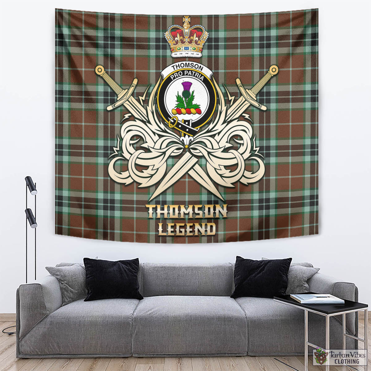 Tartan Vibes Clothing Thomson Hunting Modern Tartan Tapestry with Clan Crest and the Golden Sword of Courageous Legacy