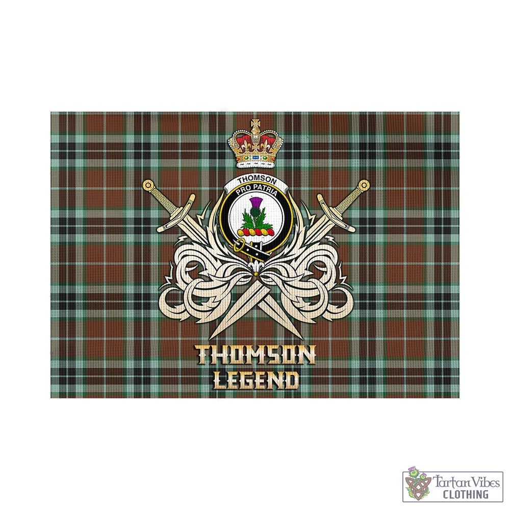 Tartan Vibes Clothing Thomson Hunting Modern Tartan Flag with Clan Crest and the Golden Sword of Courageous Legacy