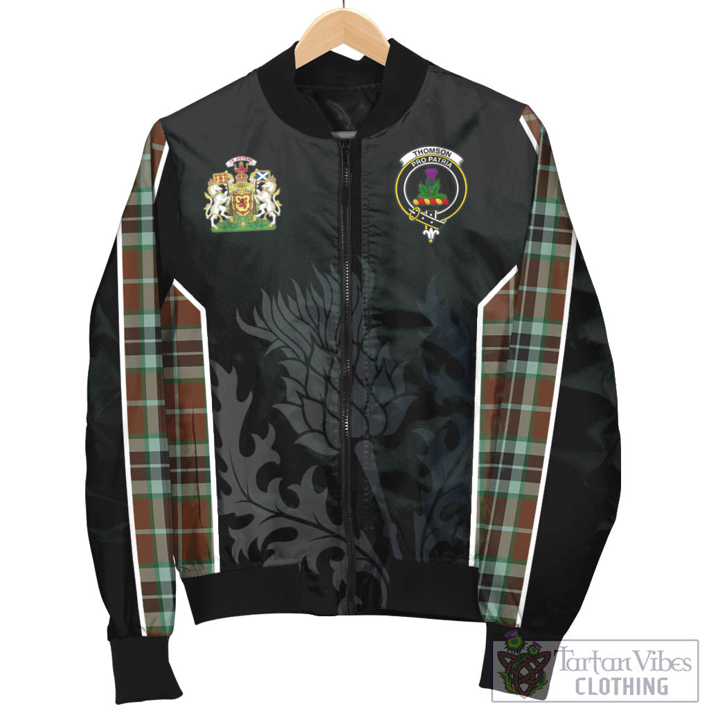 Tartan Vibes Clothing Thomson Hunting Modern Tartan Bomber Jacket with Family Crest and Scottish Thistle Vibes Sport Style