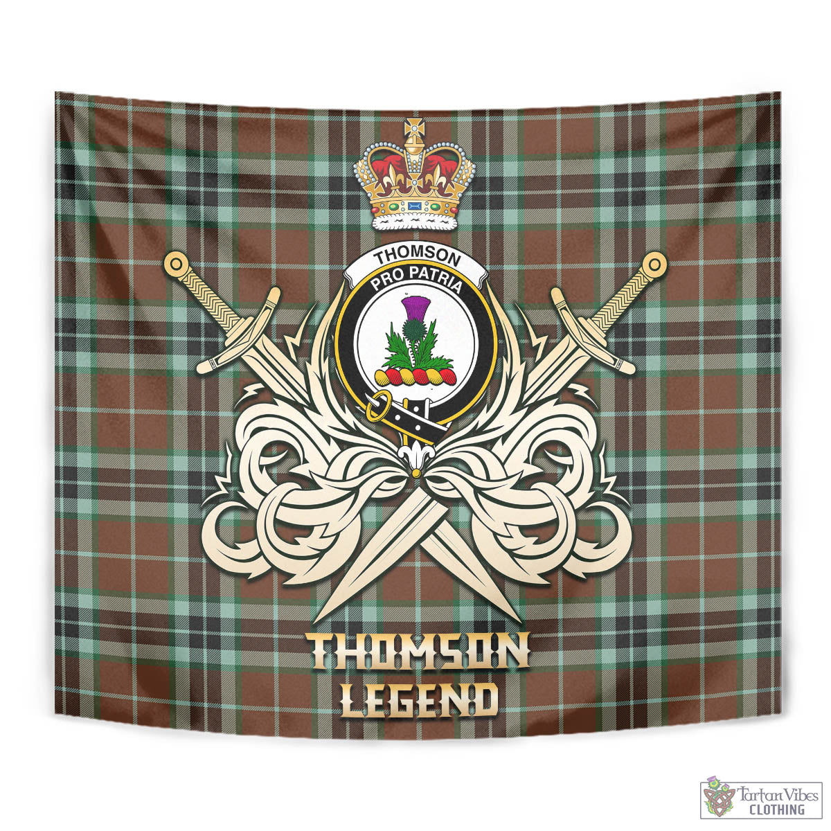 Tartan Vibes Clothing Thomson Hunting Modern Tartan Tapestry with Clan Crest and the Golden Sword of Courageous Legacy