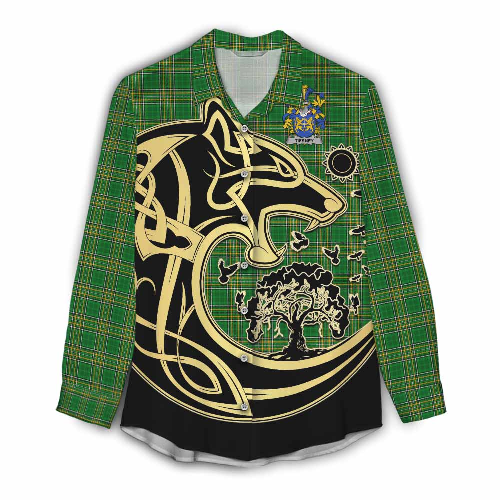 Tartan Vibes Clothing Tierney or O_Tierney Irish Tartan Women's Casual Shirt with Coat of Arms Celtic Wolf Style