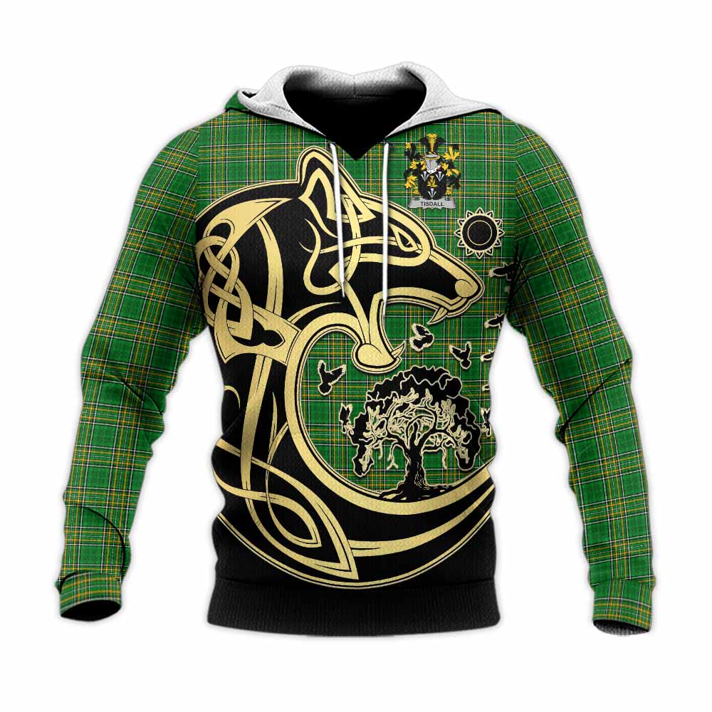 Tartan Vibes Clothing Tisdall Irish Tartan Knitted Hoodie with Coat of Arms Celtic Wolf Style