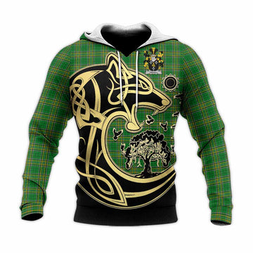 Tisdall Irish Tartan Knitted Hoodie with Coat of Arms Celtic Wolf Style