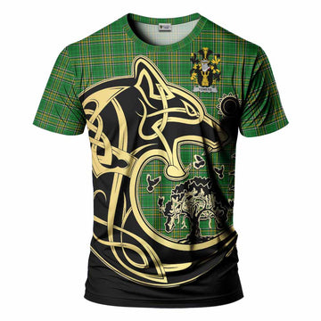 Towers Irish Tartan T-Shirt with Coat of Arms Celtic Wolf Style