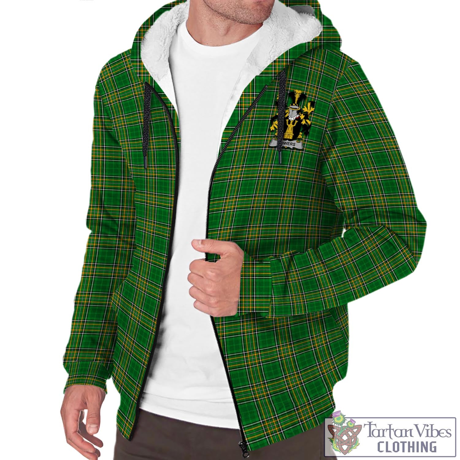 Tartan Vibes Clothing Towers Ireland Clan Tartan Sherpa Hoodie with Coat of Arms