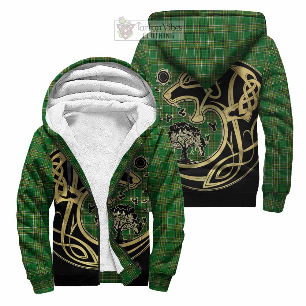 Tartan Vibes Clothing Towers Irish Tartan Sherpa Hoodie with Coat of Arms Celtic Wolf Style