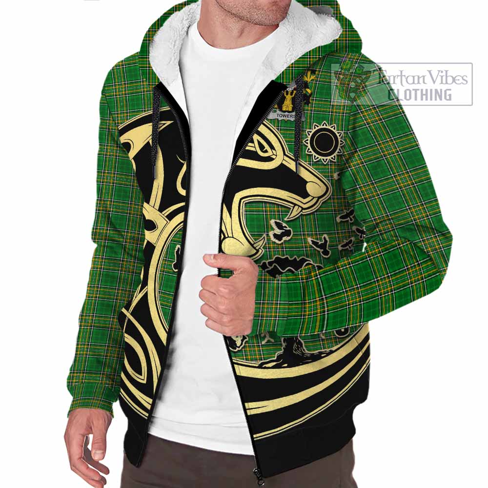 Tartan Vibes Clothing Towers Irish Tartan Sherpa Hoodie with Coat of Arms Celtic Wolf Style