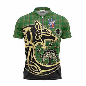 Trant Irish Tartan Zipper Polo Shirt with Coat of Arms Celtic Wolf Style Unisex - Tartan Vibes Clothing