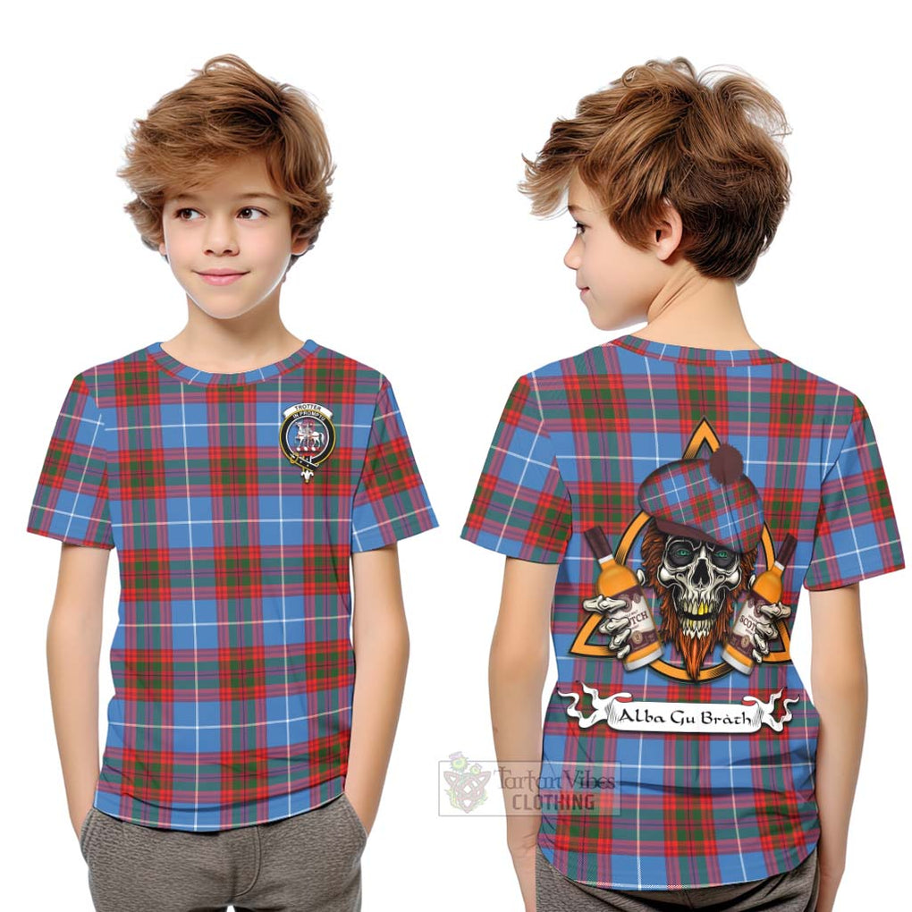 Tartan Vibes Clothing Trotter Tartan Kid T-Shirt with Family Crest and Bearded Skull Holding Bottles of Whiskey