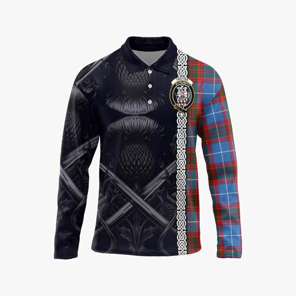 Tartan Vibes Clothing Trotter Tartan Long Sleeve Polo Shirt with Family Crest Cross Sword Thistle Celtic Vibes