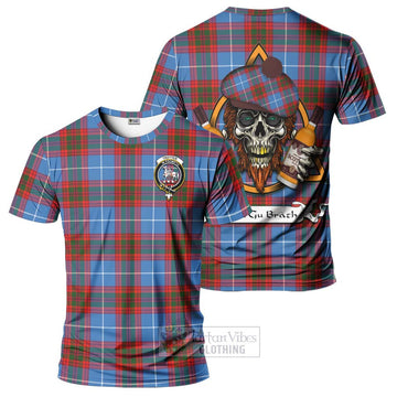 Trotter Tartan T-Shirt with Family Crest and Bearded Skull Holding Bottles of Whiskey