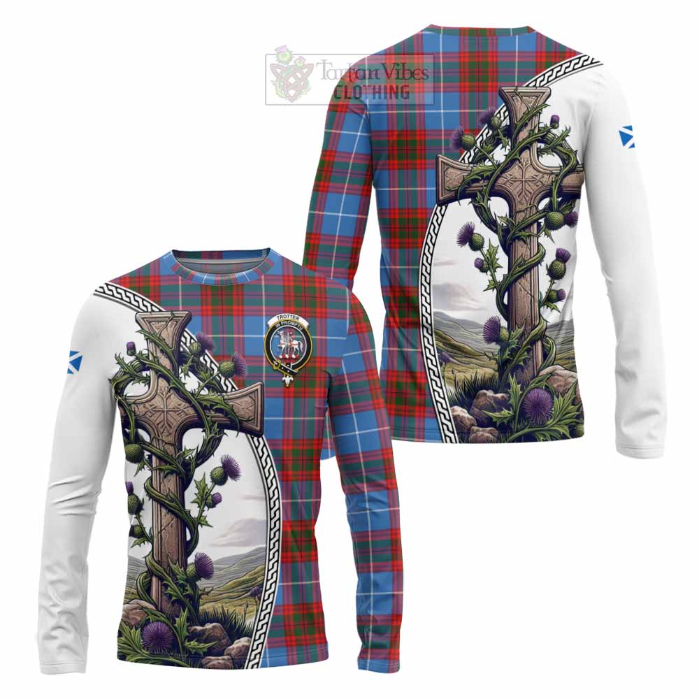 Tartan Vibes Clothing Trotter Tartan Long Sleeve T-Shirt with Family Crest and St. Andrew's Cross Accented by Thistle Vines