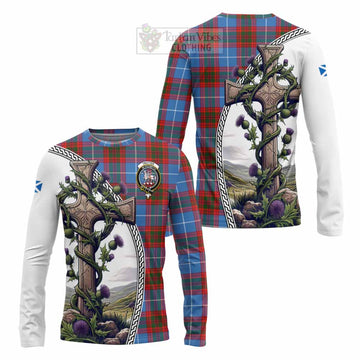 Trotter Tartan Long Sleeve T-Shirt with Family Crest and St. Andrew's Cross Accented by Thistle Vines