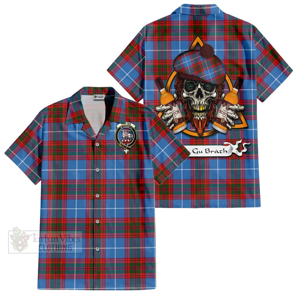 Tartan Vibes Clothing Trotter Tartan Short Sleeve Button Shirt with Family Crest and Bearded Skull Holding Bottles of Whiskey