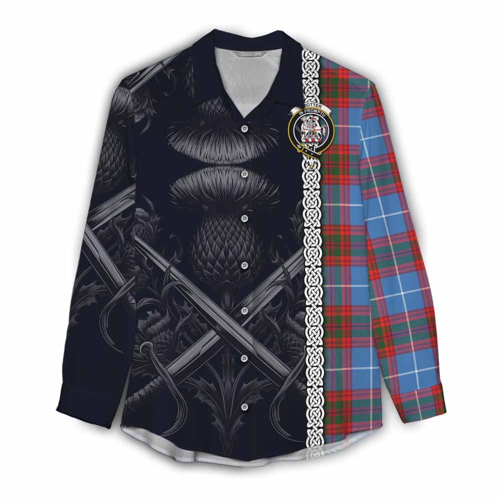 Tartan Vibes Clothing Trotter Tartan Women's Casual Shirt with Family Crest Cross Sword Thistle Celtic Vibes