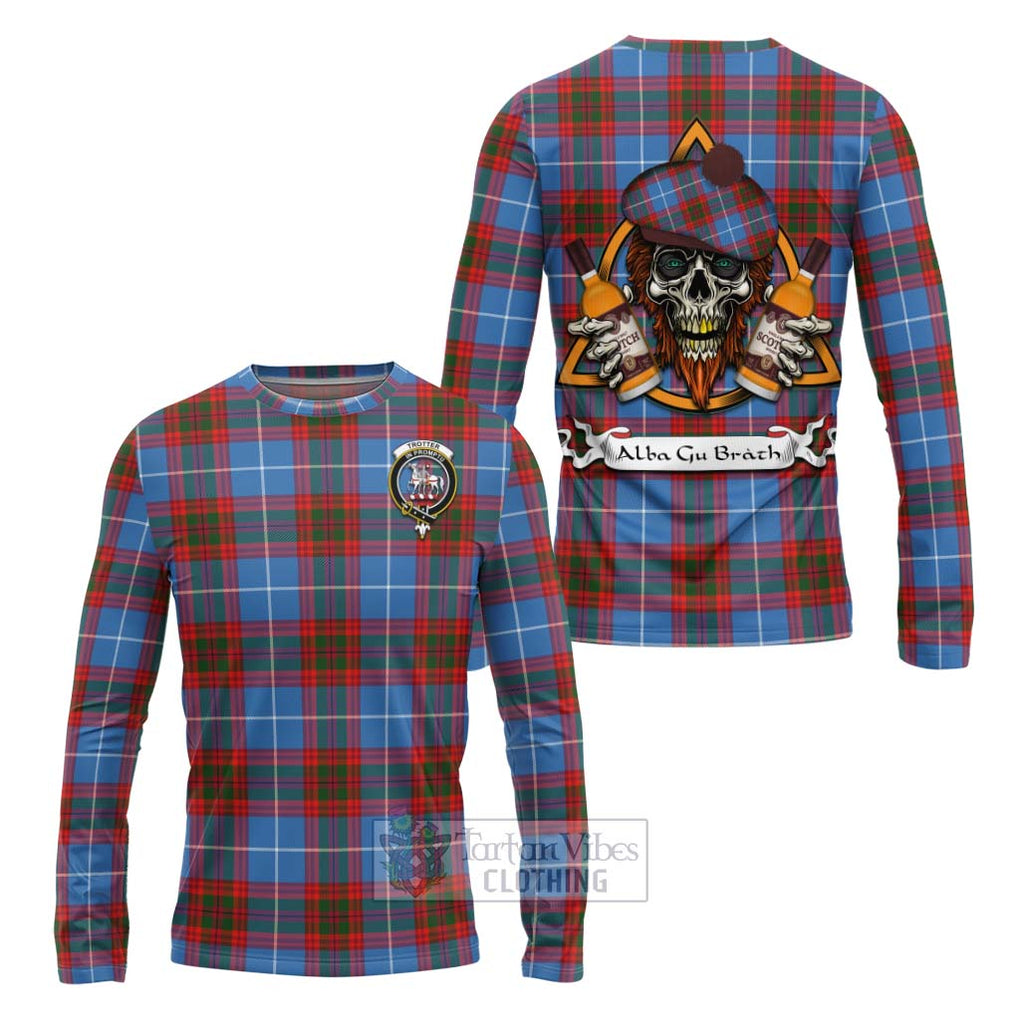 Tartan Vibes Clothing Trotter Tartan Long Sleeve T-Shirt with Family Crest and Bearded Skull Holding Bottles of Whiskey