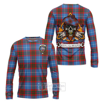 Trotter Tartan Long Sleeve T-Shirt with Family Crest and Bearded Skull Holding Bottles of Whiskey