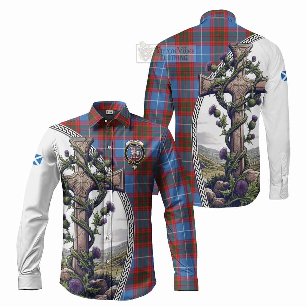 Tartan Vibes Clothing Trotter Tartan Long Sleeve Button Shirt with Family Crest and St. Andrew's Cross Accented by Thistle Vines