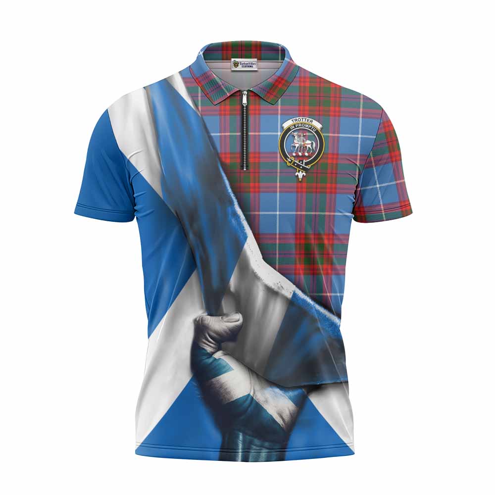 Tartan Vibes Clothing Trotter Tartan Zipper Polo Shirt with Family Crest Scotland Patriotic Style