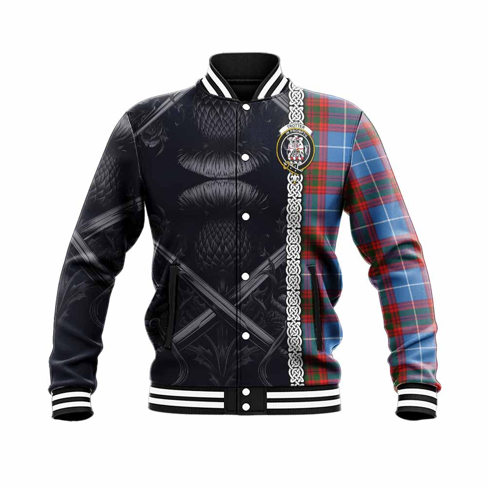 Tartan Vibes Clothing Trotter Tartan Baseball Jacket with Family Crest Cross Sword Thistle Celtic Vibes