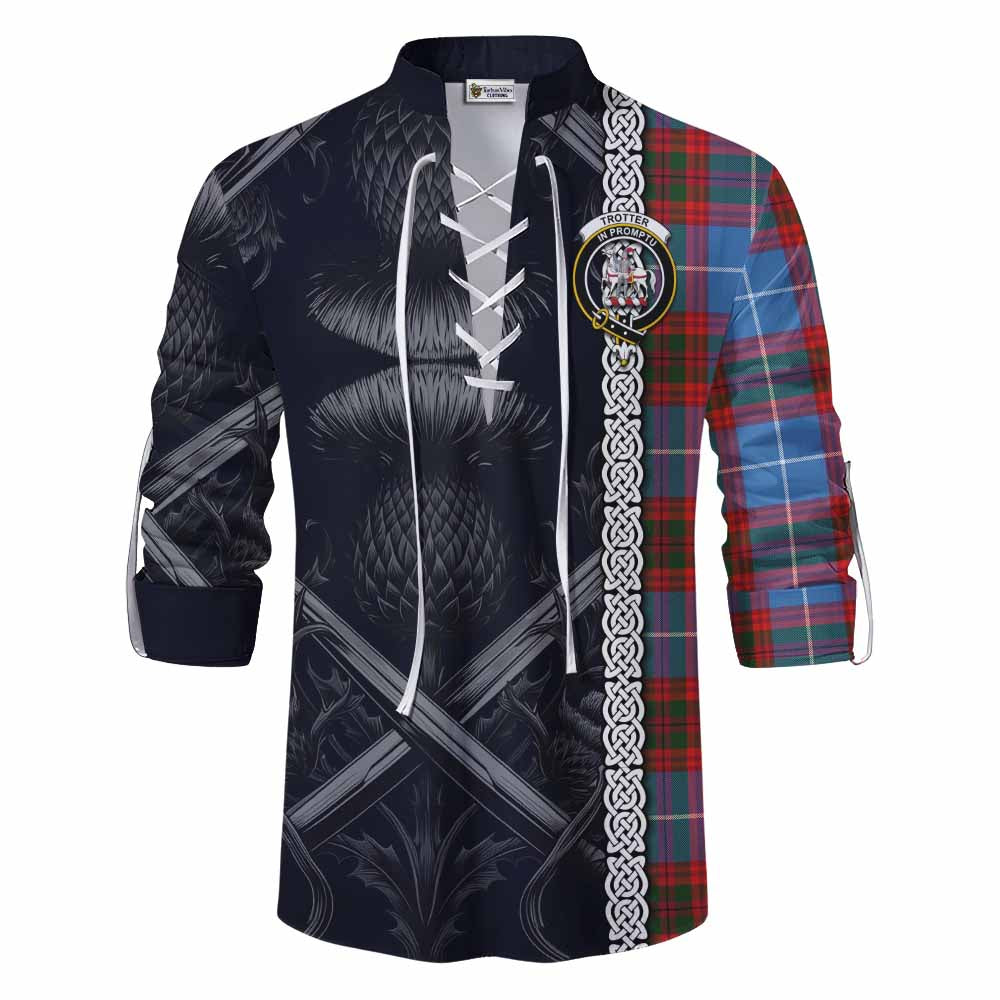 Tartan Vibes Clothing Trotter Tartan Ghillie Kilt Shirt with Family Crest Cross Sword Thistle Celtic Vibes