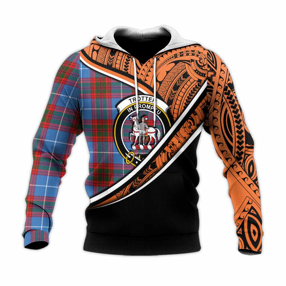 Tartan Vibes Clothing Trotter Crest Tartan Knitted Hoodie with Maori Tattoo Style - Orange Version