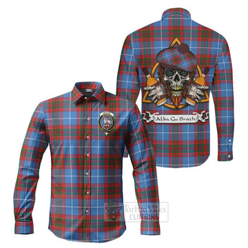 Trotter Tartan Long Sleeve Button Shirt with Family Crest and Bearded Skull Holding Bottles of Whiskey