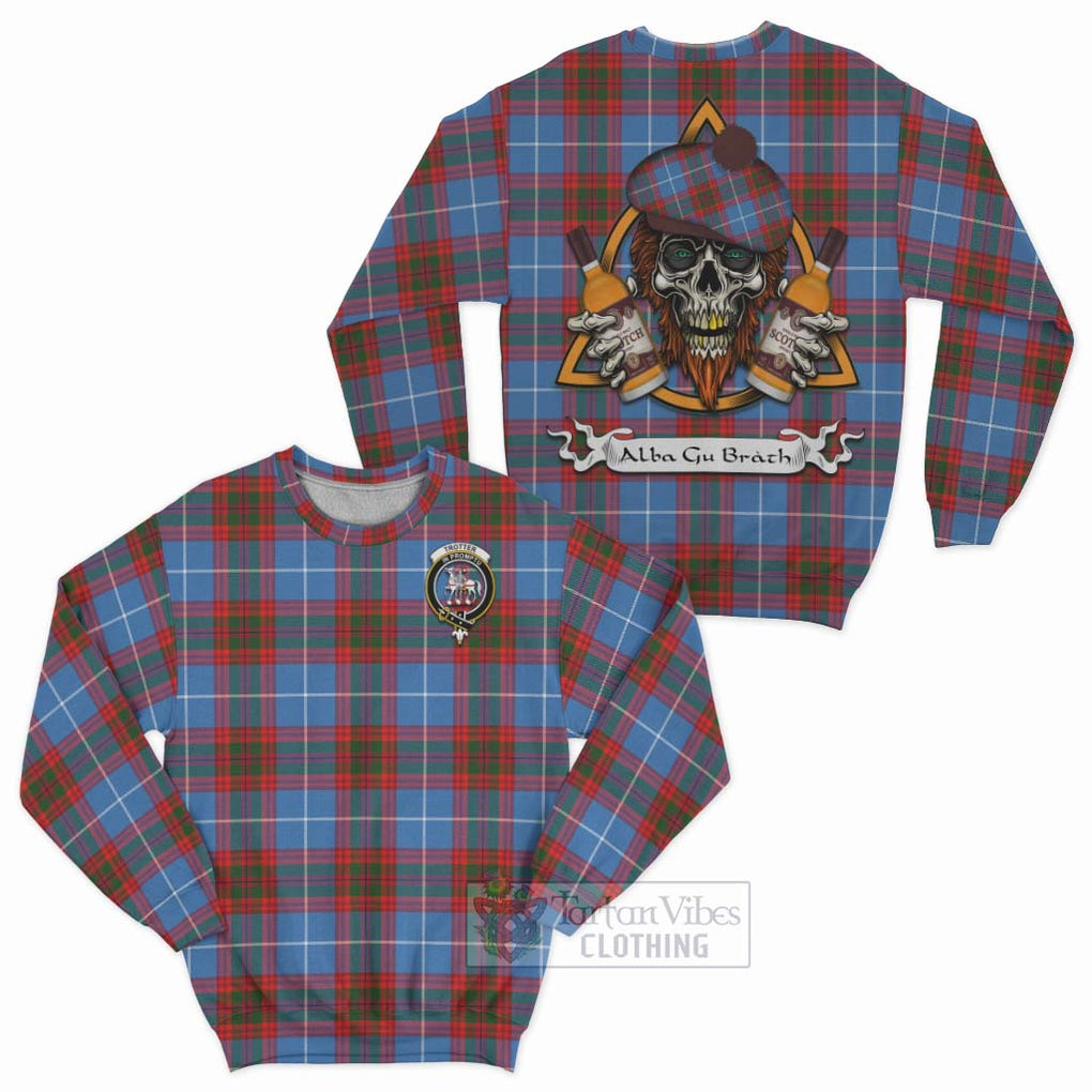 Tartan Vibes Clothing Trotter Tartan Sweatshirt with Family Crest and Bearded Skull Holding Bottles of Whiskey