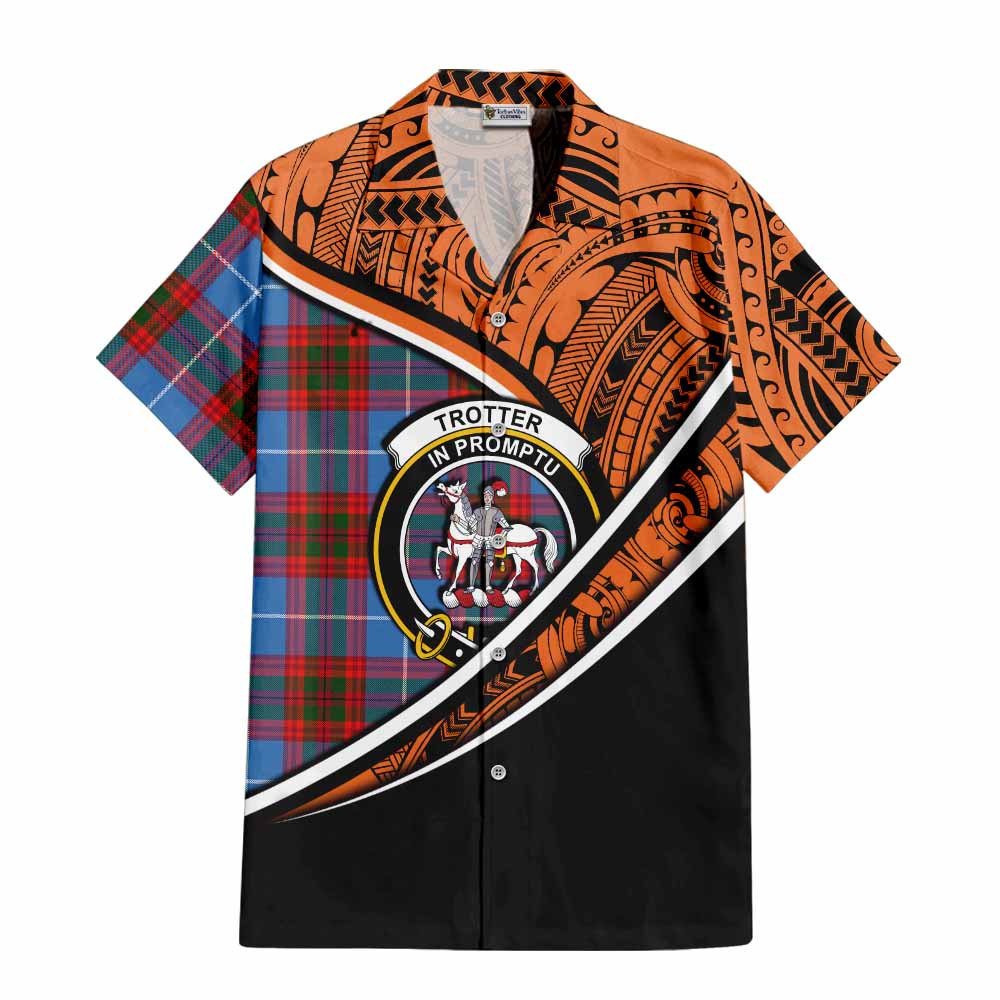 Tartan Vibes Clothing Trotter Crest Tartan Short Sleeve Button Shirt with Maori Tattoo Style - Orange Version