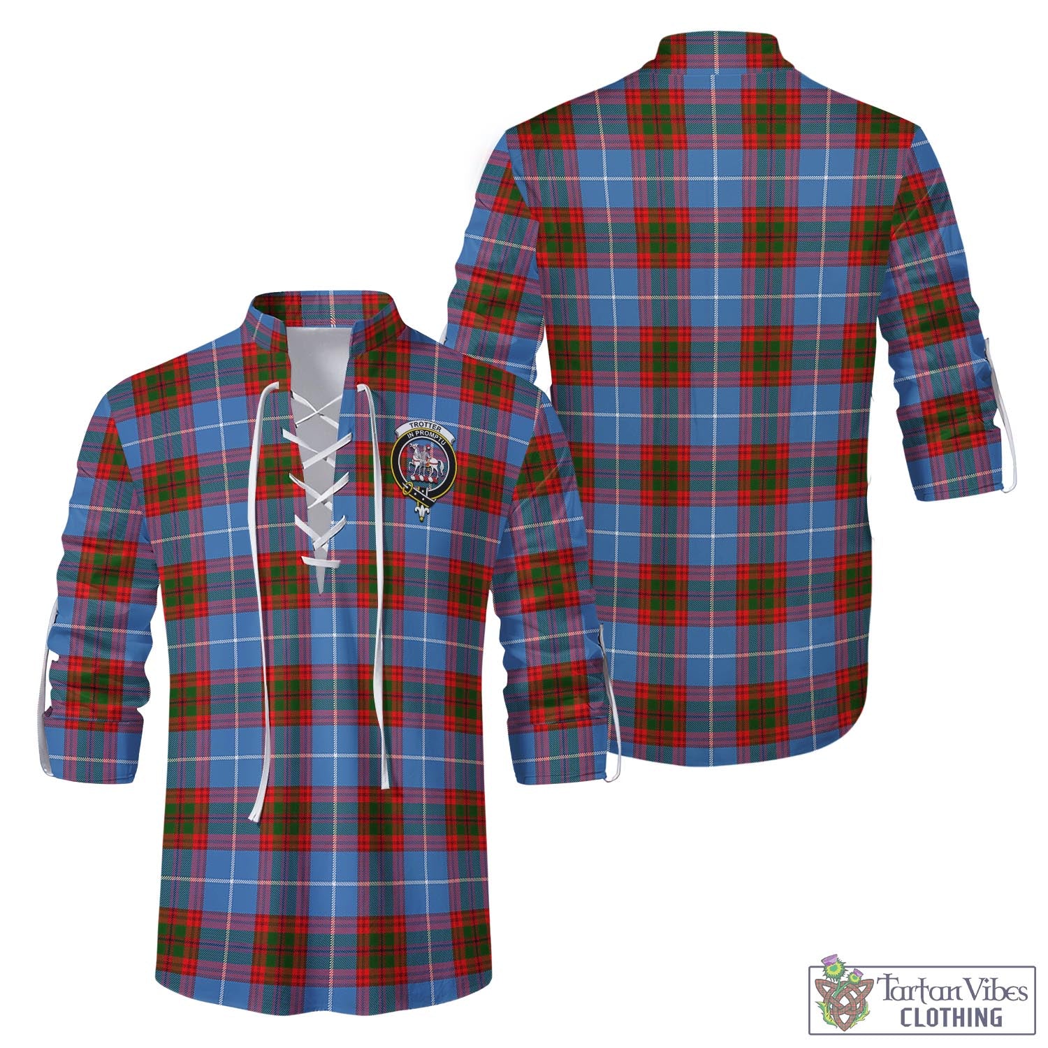Tartan Vibes Clothing Trotter Tartan Men's Scottish Traditional Jacobite Ghillie Kilt Shirt with Family Crest