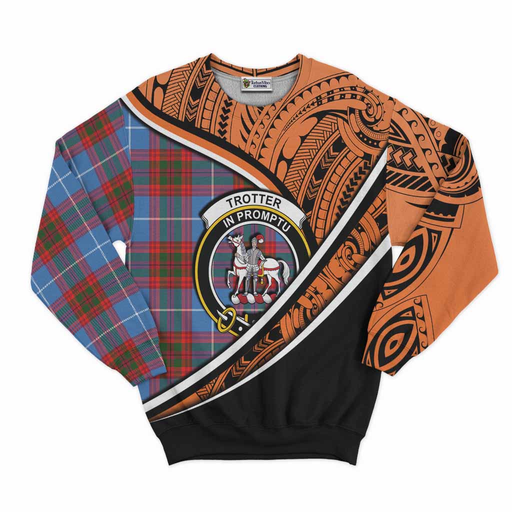 Tartan Vibes Clothing Trotter Crest Tartan Sweatshirt with Maori Tattoo Style - Orange Version