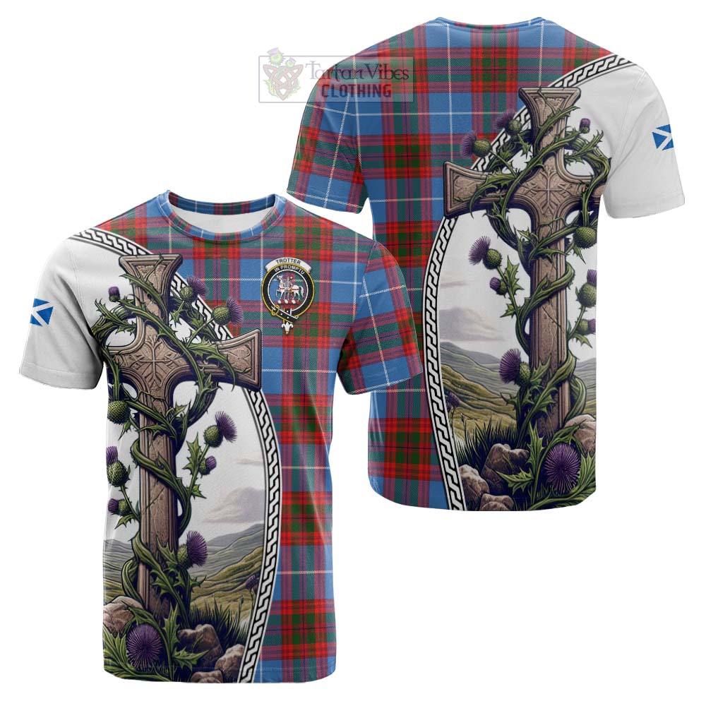 Tartan Vibes Clothing Trotter Tartan Cotton T-shirt with Family Crest and St. Andrew's Cross Accented by Thistle Vines