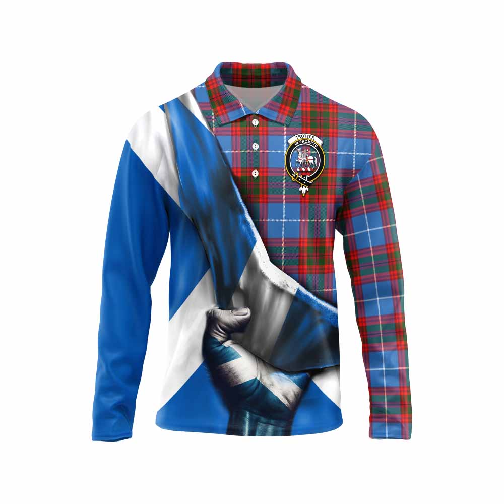 Tartan Vibes Clothing Trotter Tartan Long Sleeve Polo Shirt with Family Crest Scotland Patriotic Style