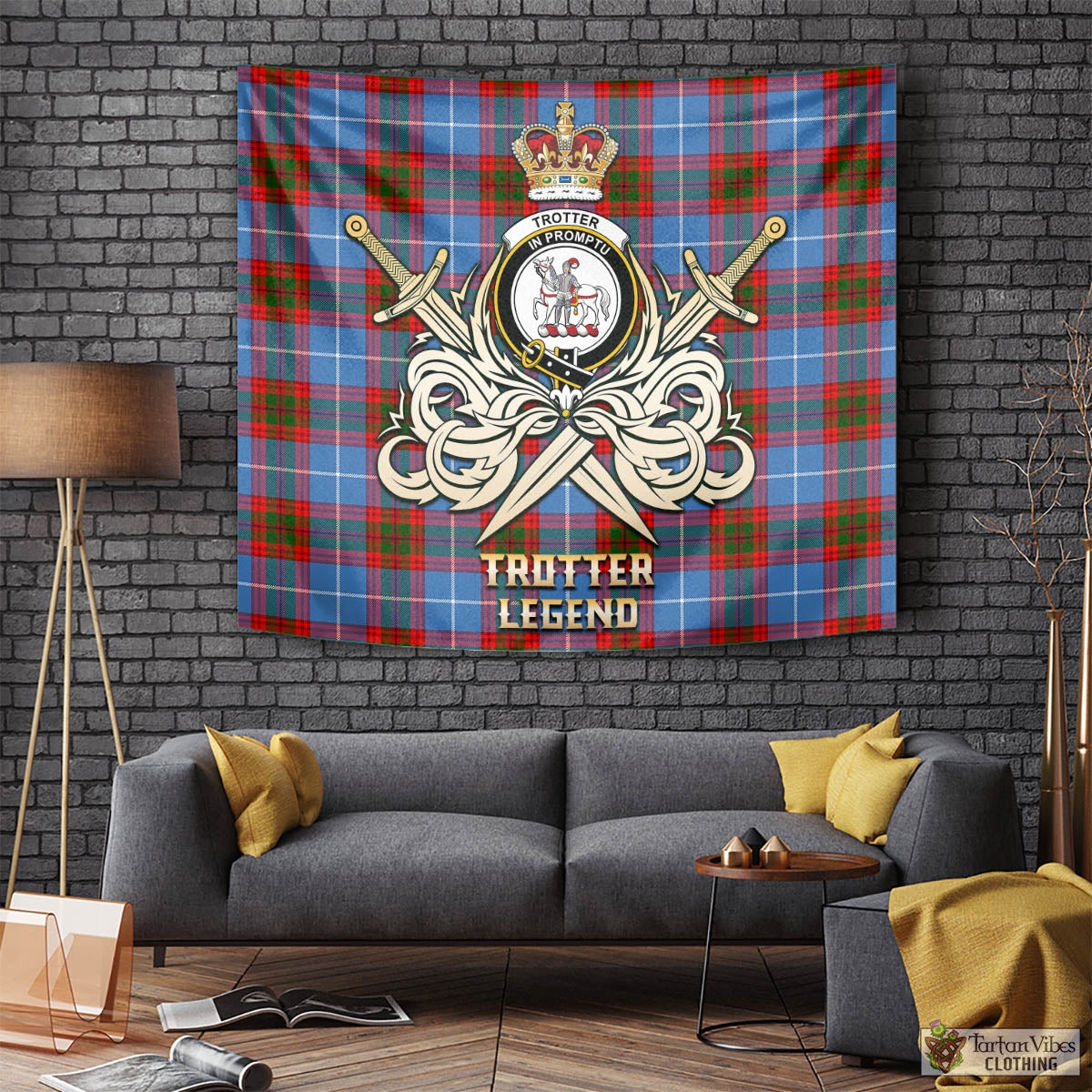 Tartan Vibes Clothing Trotter Tartan Tapestry with Clan Crest and the Golden Sword of Courageous Legacy