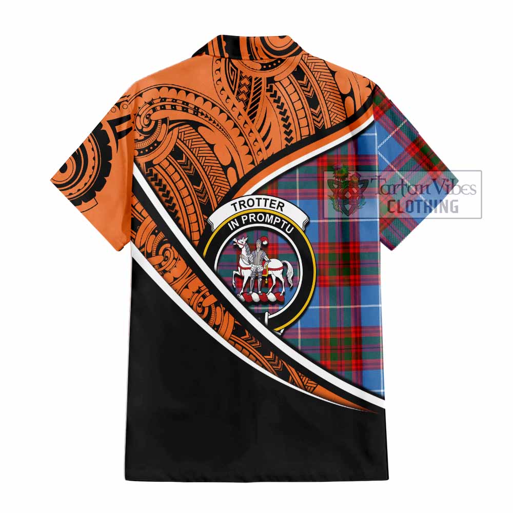 Tartan Vibes Clothing Trotter Crest Tartan Short Sleeve Button Shirt with Maori Tattoo Style - Orange Version