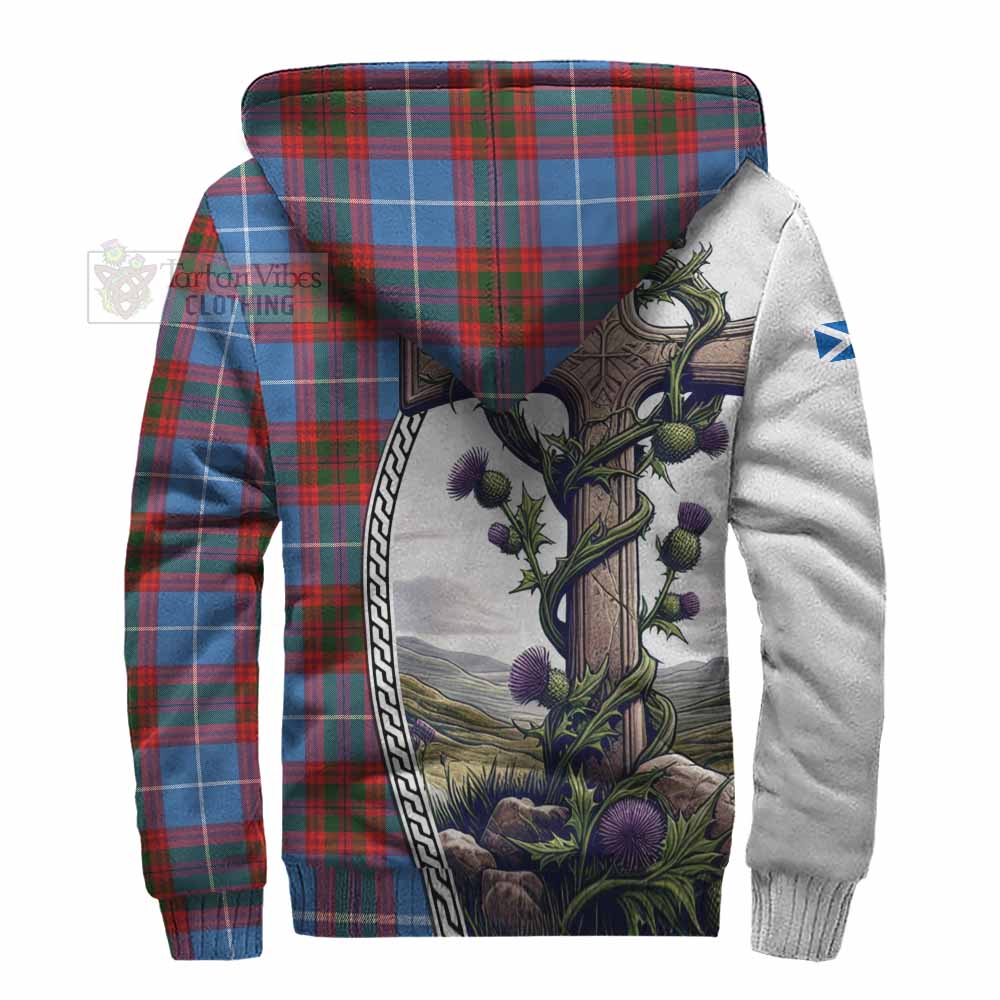 Tartan Vibes Clothing Trotter Tartan Sherpa Hoodie with Family Crest and St. Andrew's Cross Accented by Thistle Vines